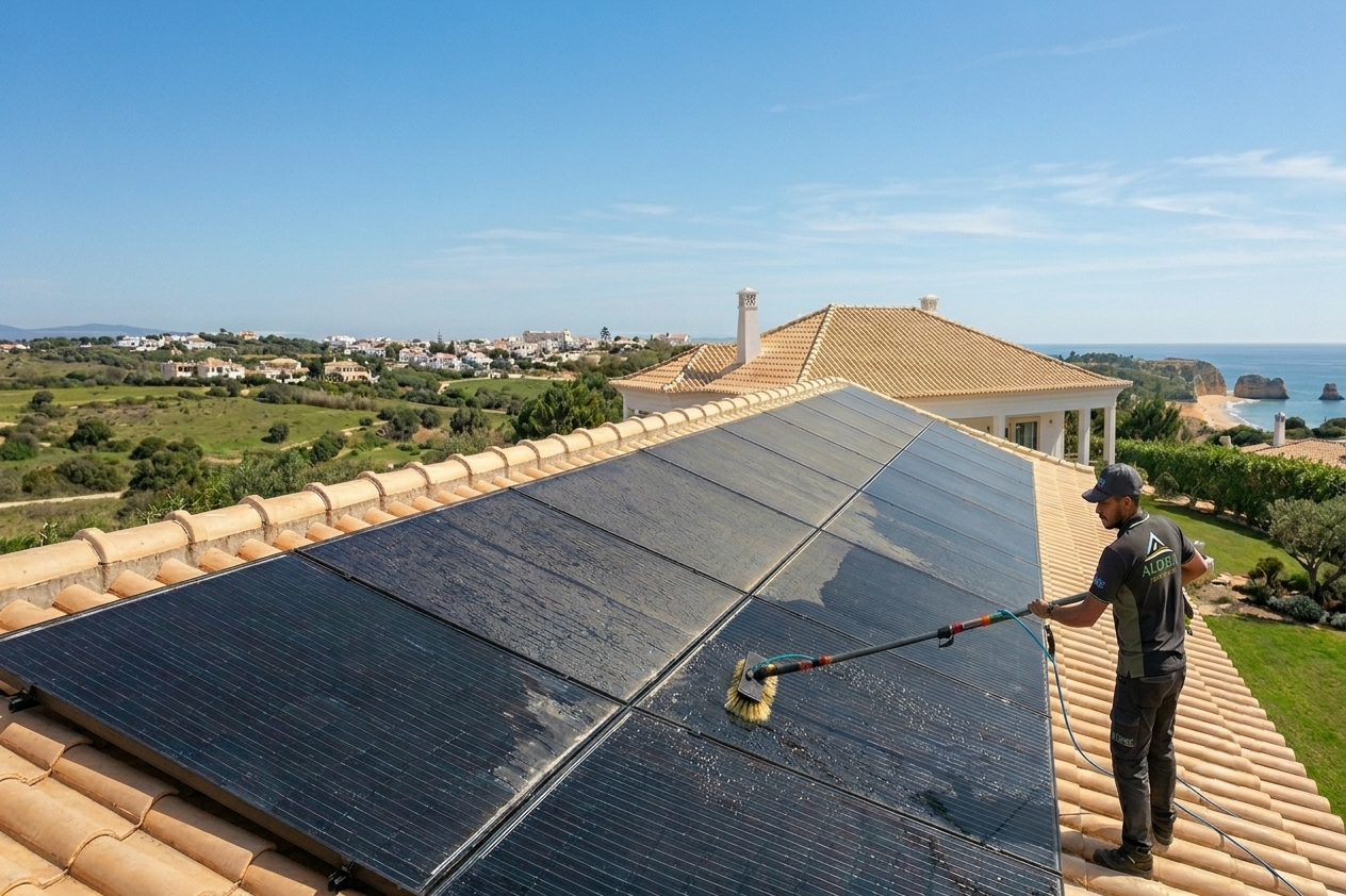 Technicien Aldeia Energy nettoyage professionnel panneaux solaires villa Algarve vue mer