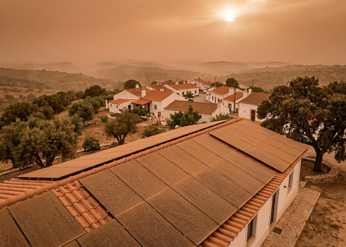 Panneaux solaires encrassés par la calima saharienne au Portugal — perte de rendement visible